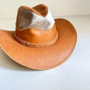 Leather Patchwork Caramel Brown Western Cowboy Rancher Hat M